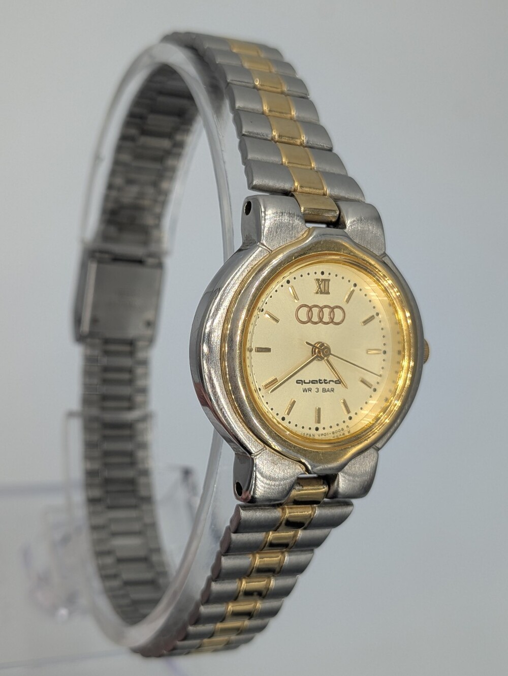 Audi Quattro Wristwatch Silver & Gold Tone Stainless Steel Quartz Moveable Clasp